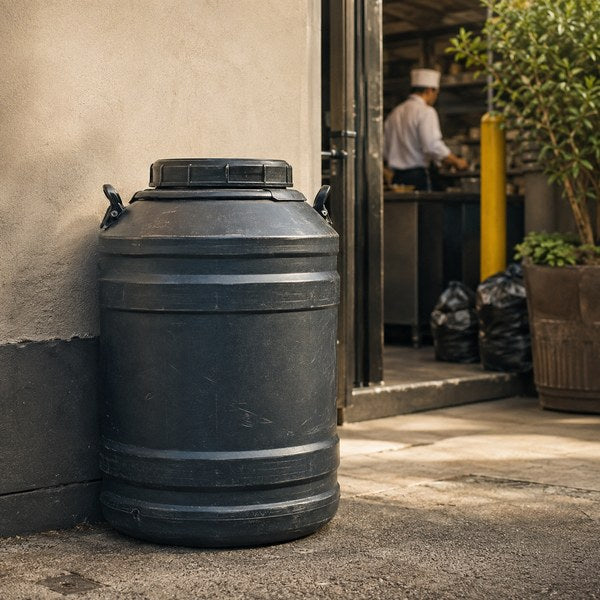 Sealed used cooking oil recycling container behind a restaurant, a key benefit of recycling programs