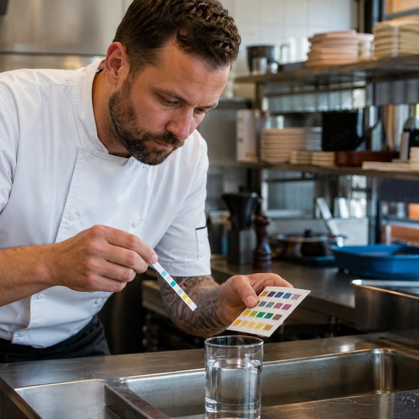 Chef comparing water test strip colors against a chart during restaurant water quality testing