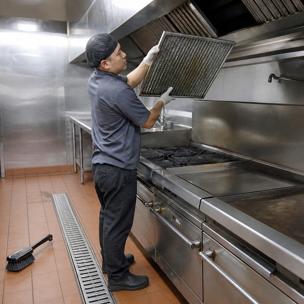 Kitchen staff deep cleaning equipment during weekly and monthly restaurant cleaning tasks